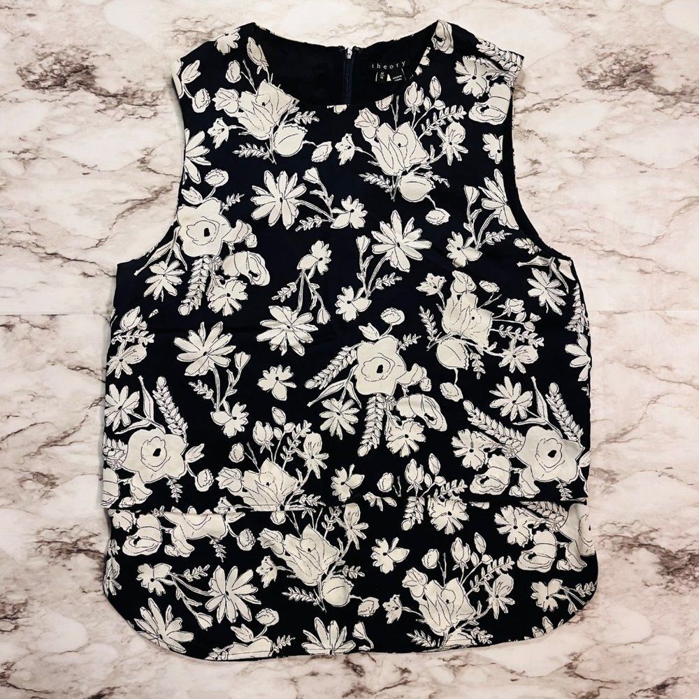 Theory Sleeveless Hodal Blouse Blue Floral Women M Old Money Summer Club Preppy